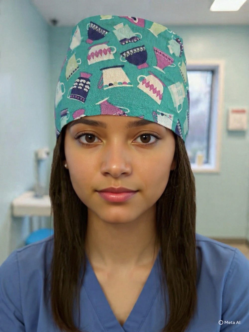Turquoise Surgical Cap with Pink & White Teapot Print